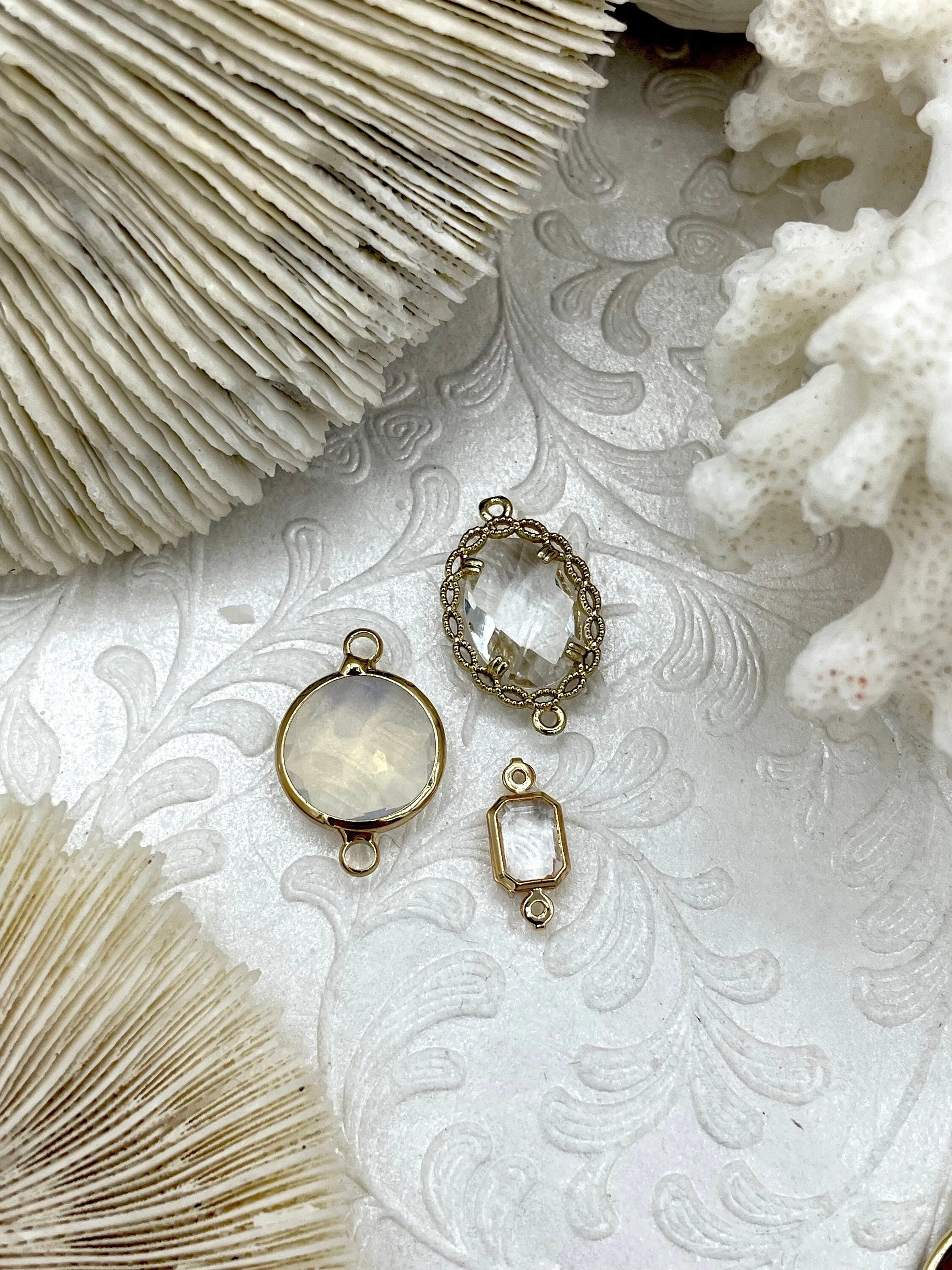 Clear Crystal Gold Soldered Connector Charms. 3 styles, Gold Crystal Connector Charms, Oval  Round, Rectangle. Fast Shipping