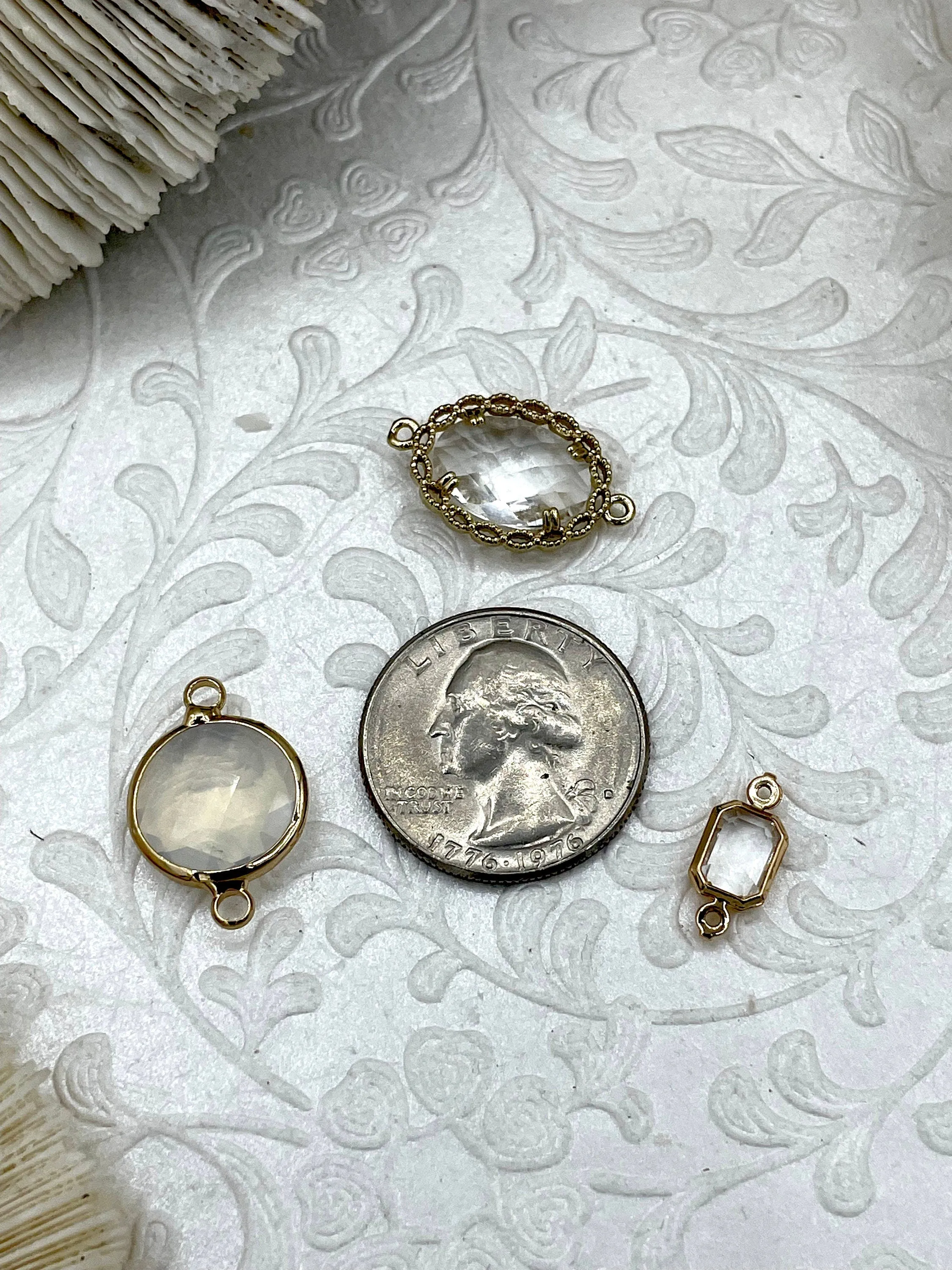 Clear Crystal Gold Soldered Connector Charms. 3 styles, Gold Crystal Connector Charms, Oval  Round, Rectangle. Fast Shipping