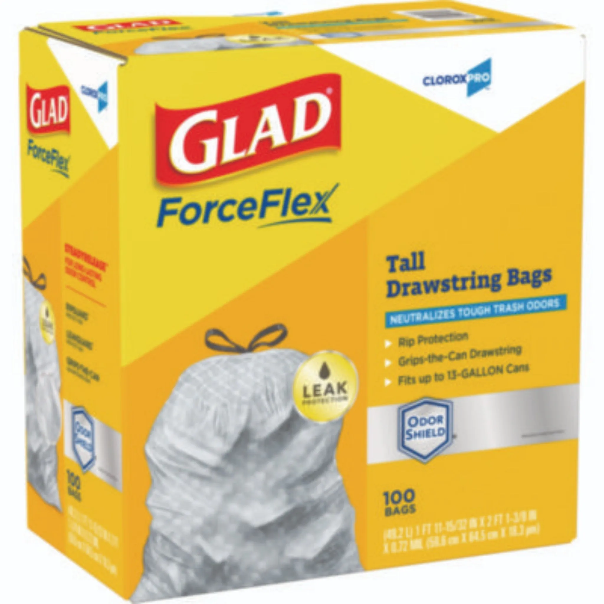 CLOROX SALES CO. GLAD CLO70427 ForceFlex Tall Kitchen Drawstring Trash Bags, 13 gal, 0.72 mil, Gray, 23.75" x 24.88", Carton of 100