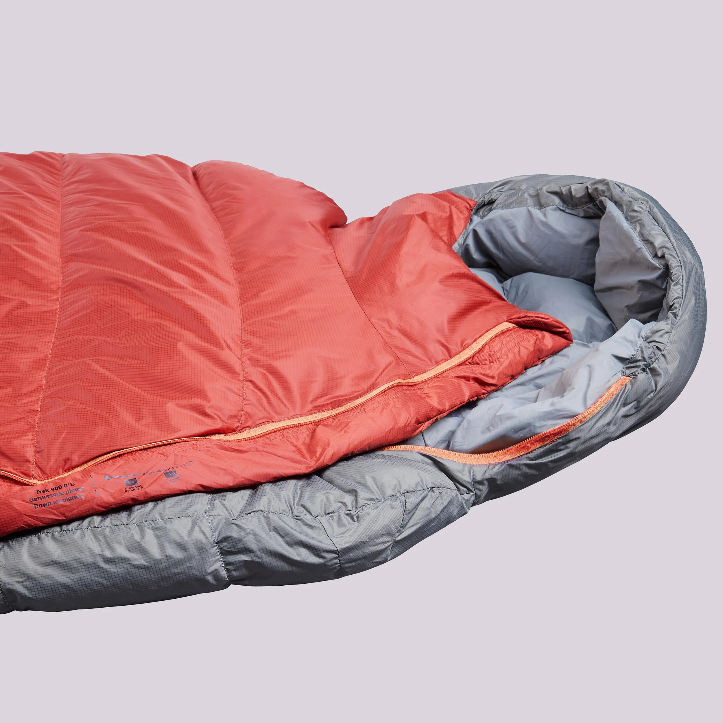 Down sleeping bag Forclaz Trek 900 for hiking, size L, gray / red