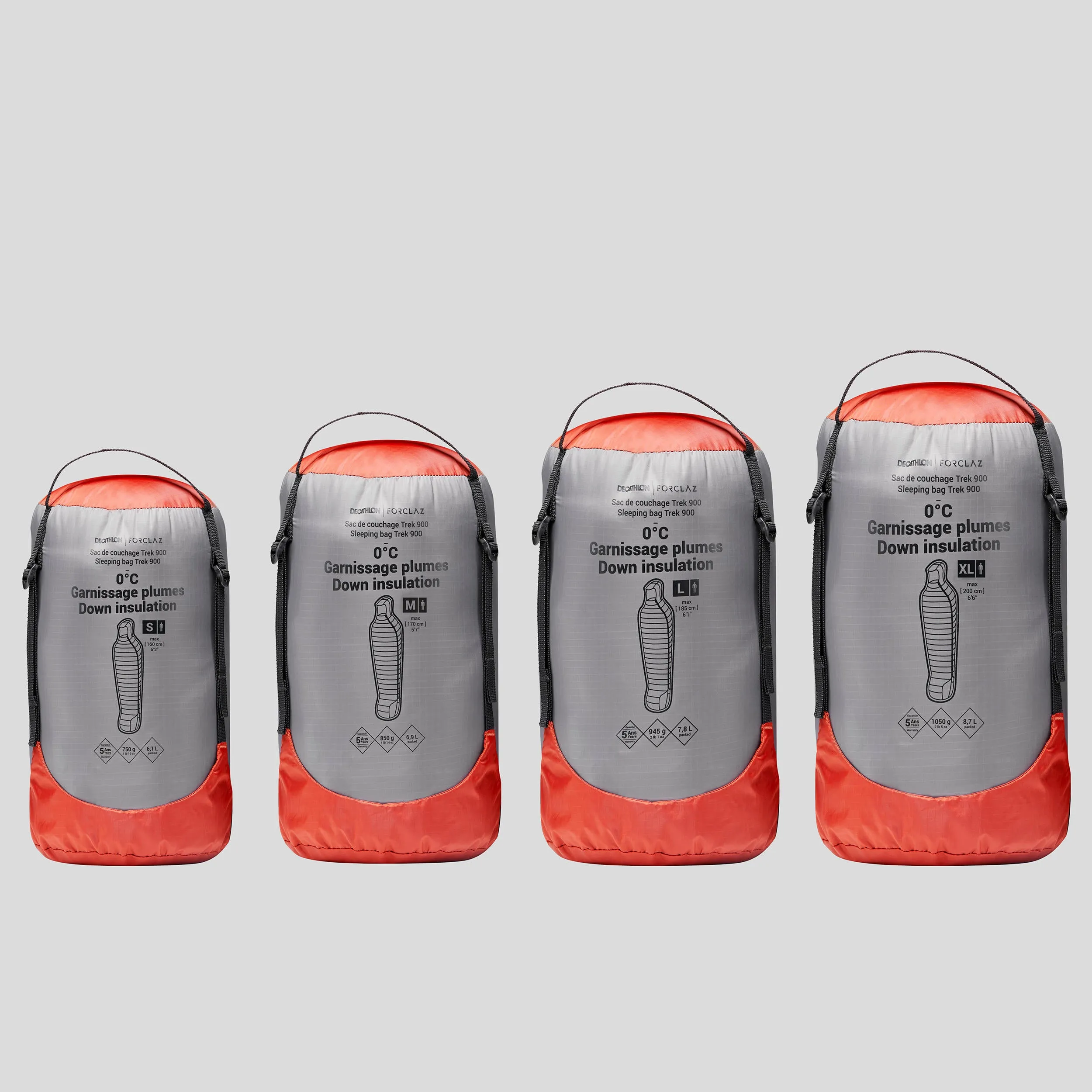Down sleeping bag Forclaz Trek 900 for hiking, size L, gray / red