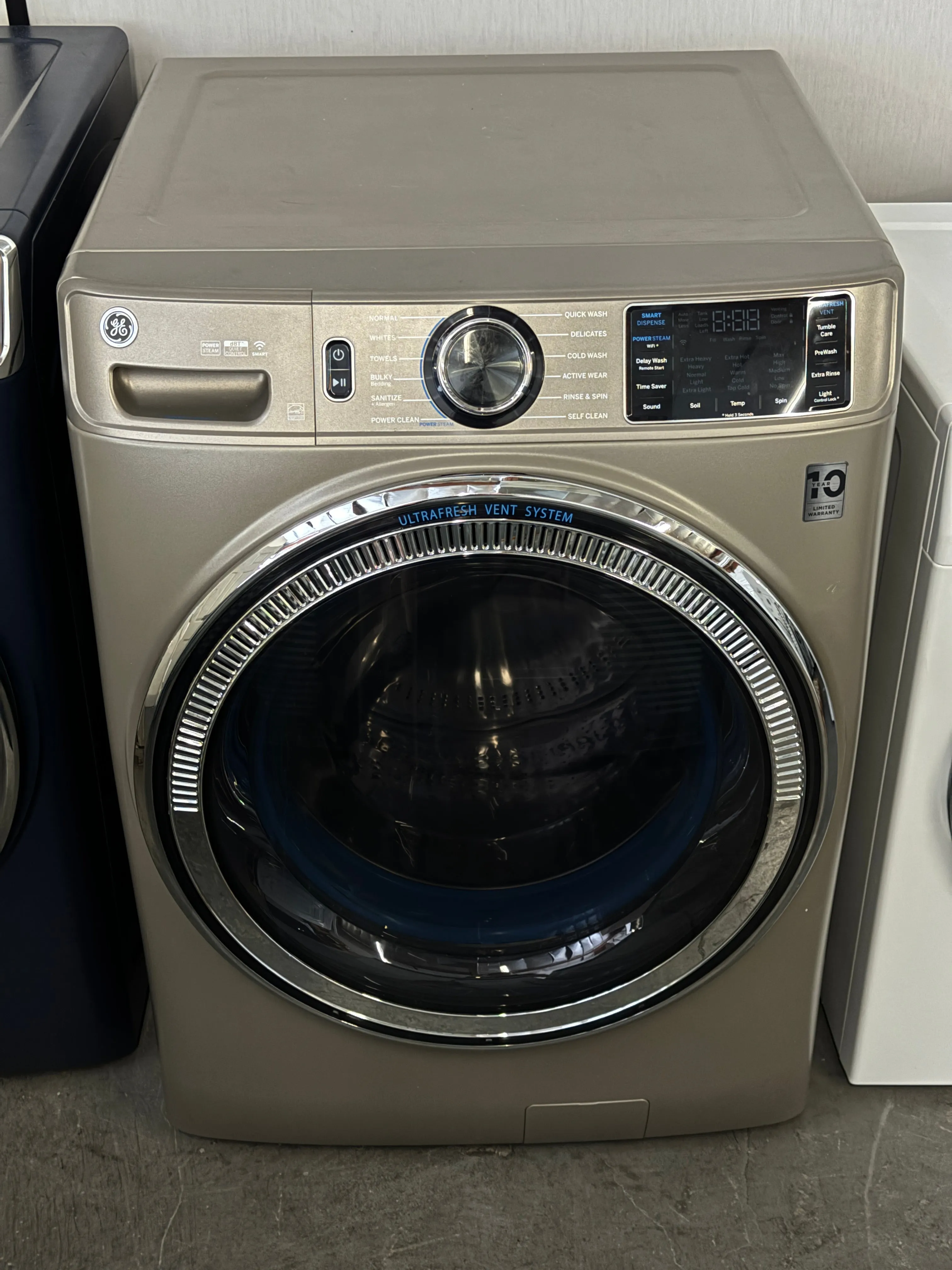 GE GFW650SPNSN 28 Inch Front Load Smart Washer with 4.8 Cu. Ft. Capacity, 12 Cycles, 9 Options, Sanitize   Allergen, UltraFresh, OdorBlock™, Microban®, SmartDispense™, dBT™, PowerSteam, ADA, and ENERGY STAR®: Satin Nickel