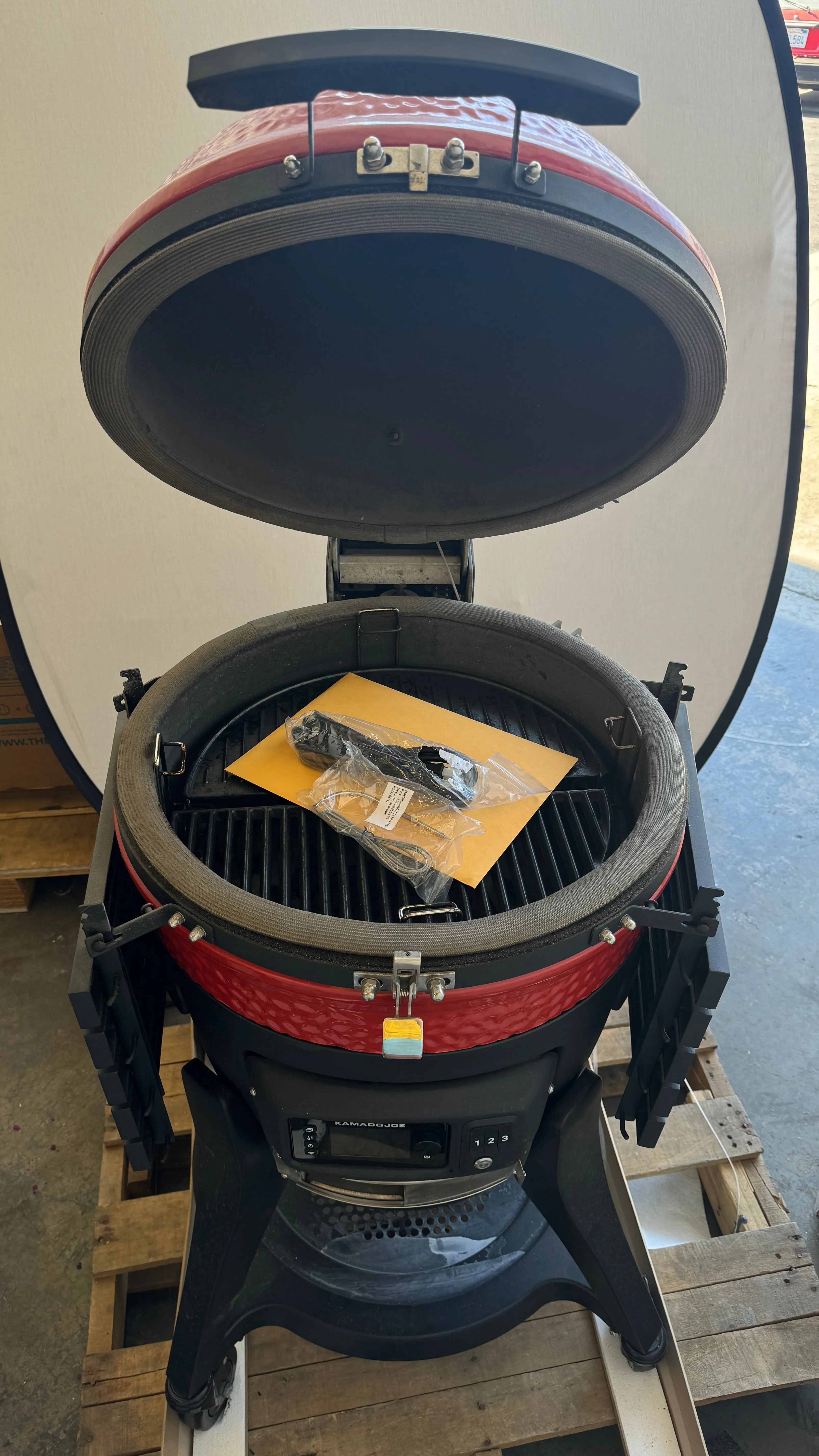 Kamado Joe KJ15041123 18 Inch Freestanding Konnected Joe™ Digital Charcoal Grill and Smoker with 250 sq. in. Cooking Space, AFS (Automatic Fire Starter) Button, and Digital Kontrol Board: Red & Black