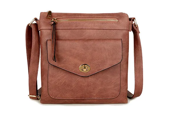 LARGE DUSKY PINK TURN LOCK MULTI COMPARTMENT CROSS BODY SHOULDER BAG WITH LONG STRAP