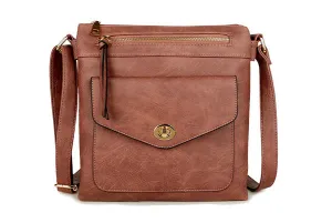 LARGE DUSKY PINK TURN LOCK MULTI COMPARTMENT CROSS BODY SHOULDER BAG WITH LONG STRAP