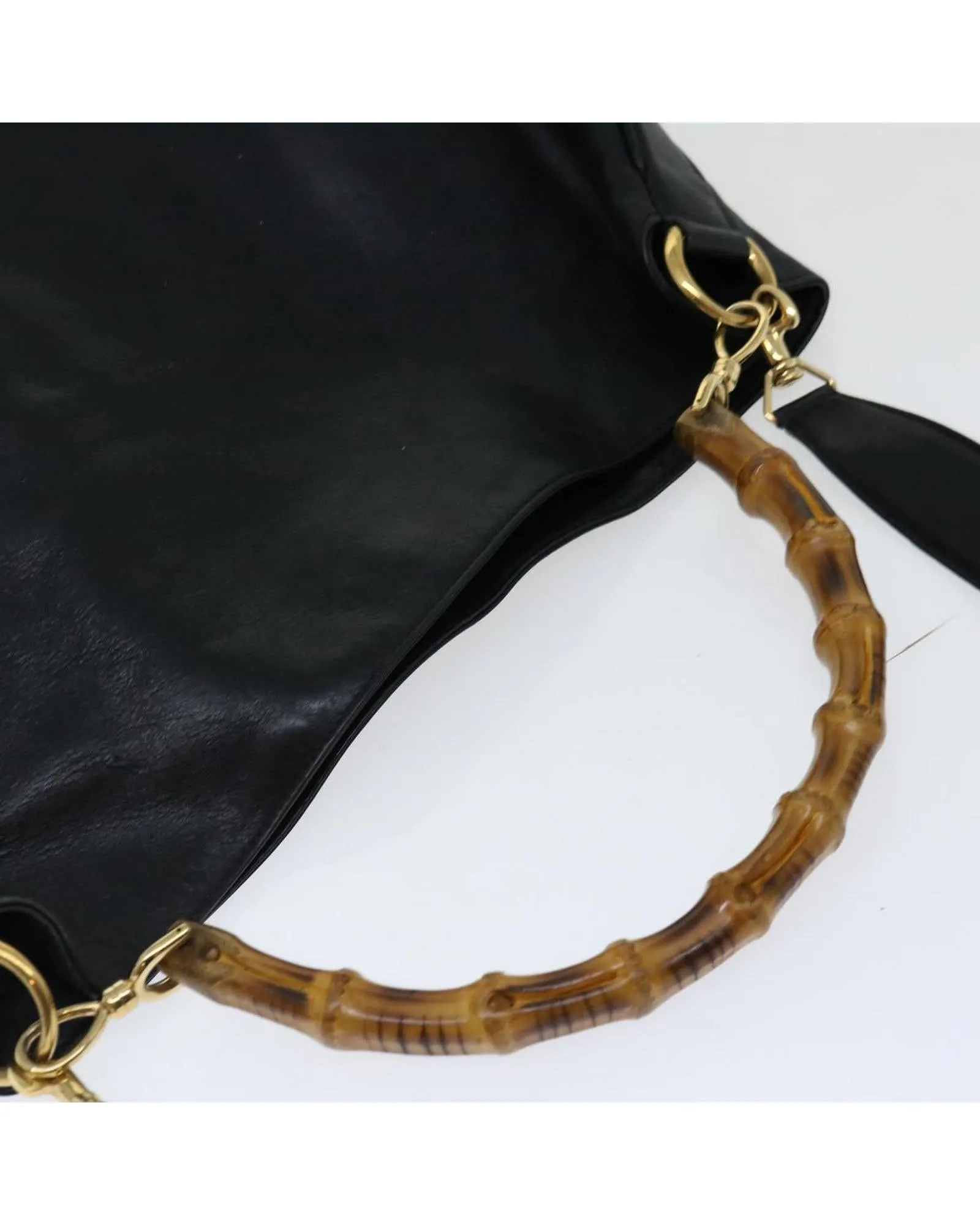 Leather 2Way Shoulder Bag with Bamboo Detail in Black