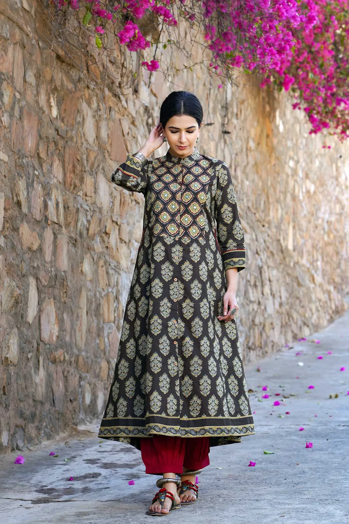 Long Length / A-Line Collared Kurta in Dark Brown Color