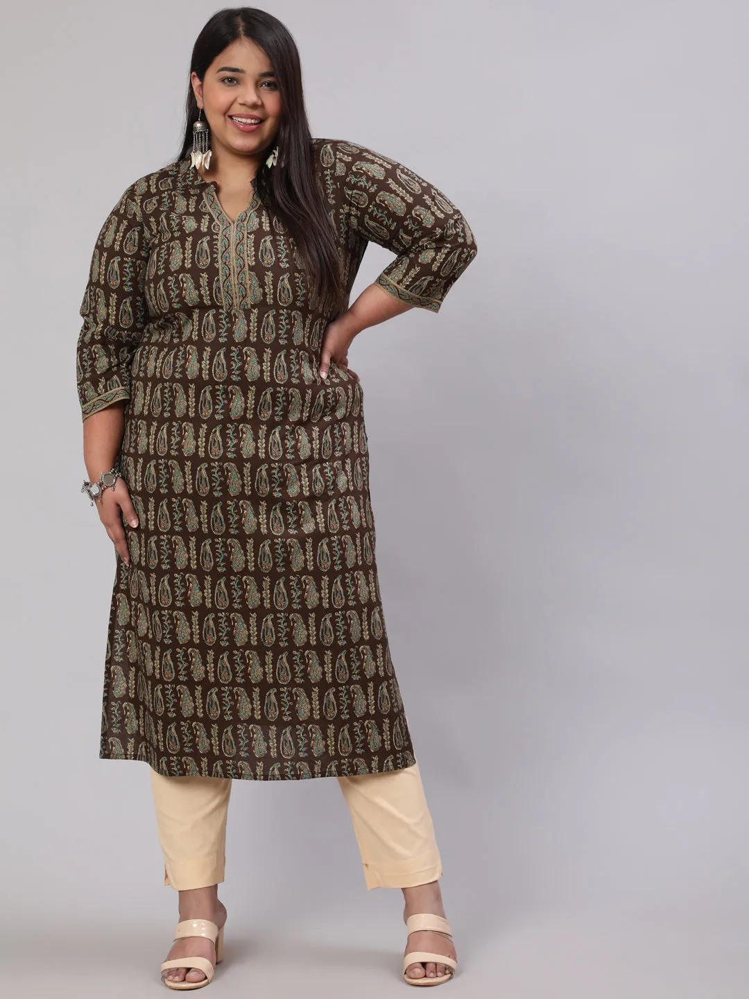 Plus Size Women  Dark Brown Printed Straight Kurta With Three Quarters Sleeves