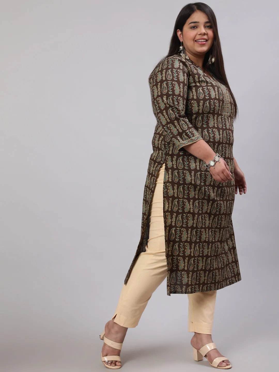 Plus Size Women  Dark Brown Printed Straight Kurta With Three Quarters Sleeves