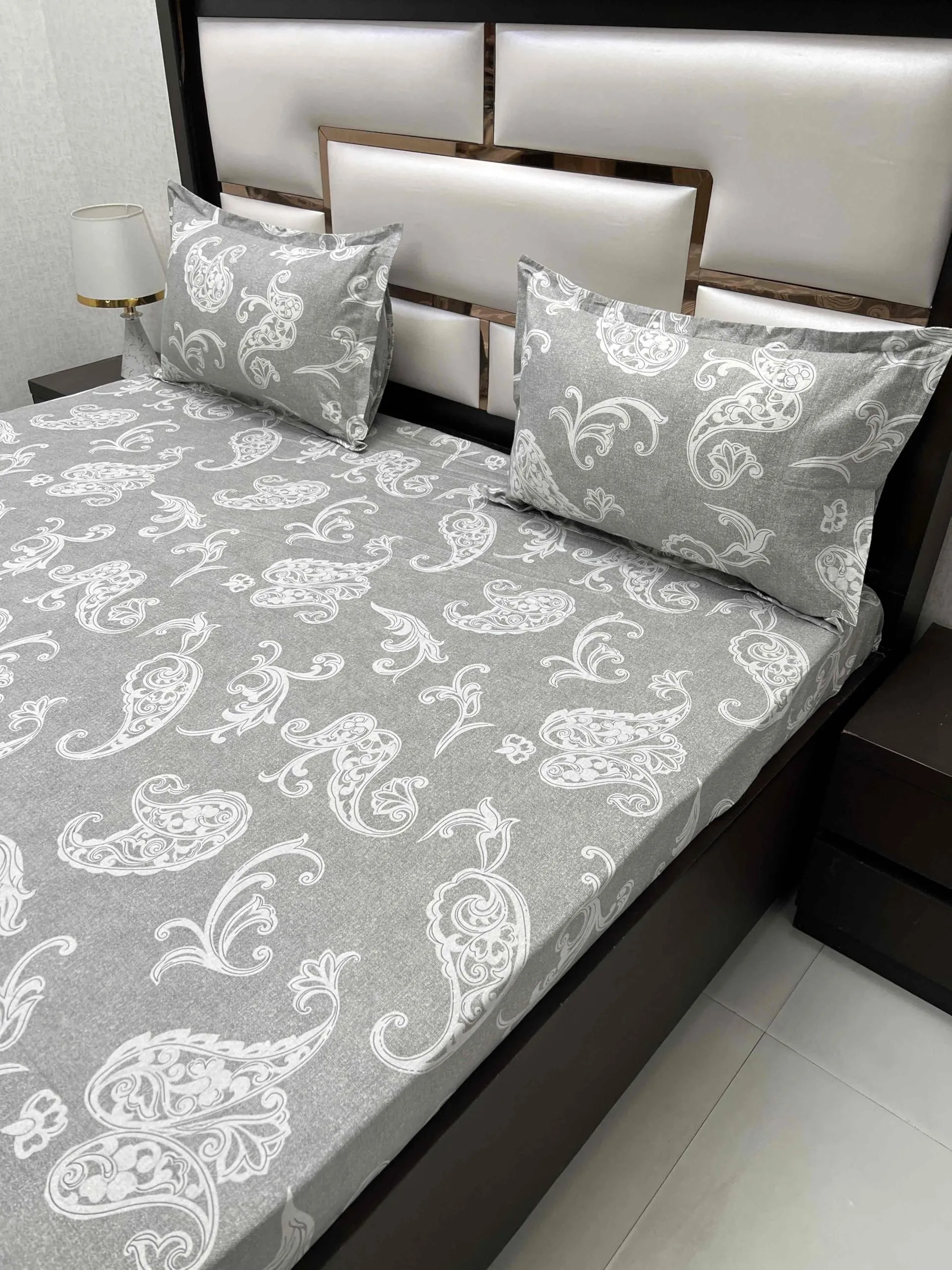 Pure Decor 100% Pure Cotton Royal Velar Collection King Size Twill Fabric Bedsheet for Double Bed (108"X108") with 2 Pillow Covers PD 4248 - Ethnic, Grey