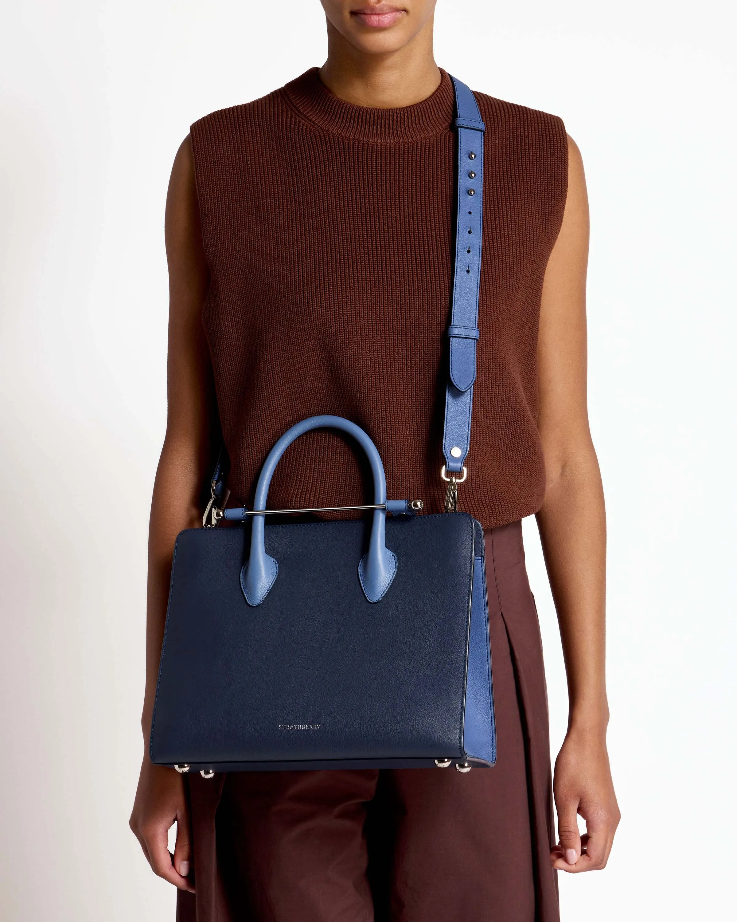 The Strathberry Midi Tote - Navy/Sea Blue with Silver Hardware
