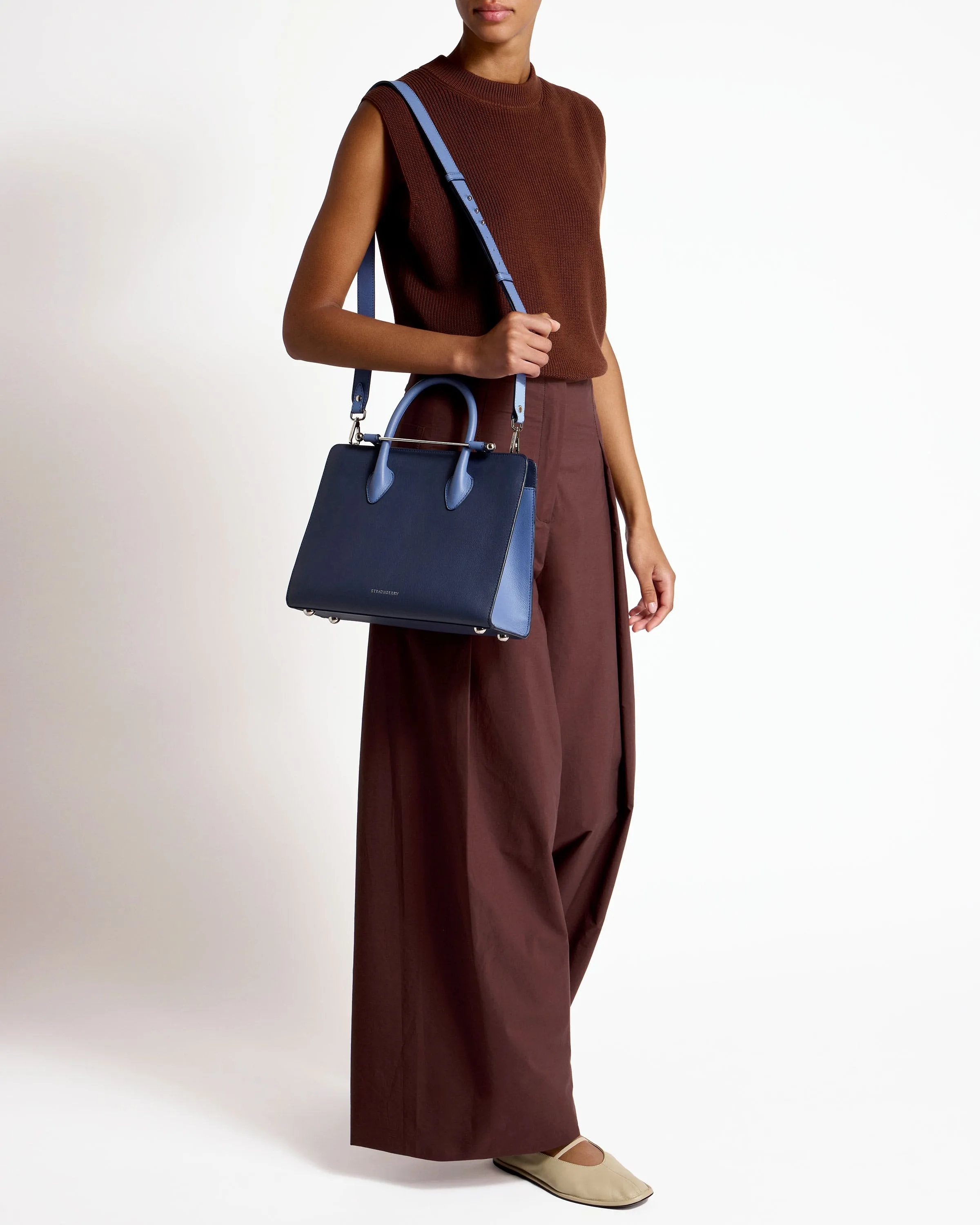 The Strathberry Midi Tote - Navy/Sea Blue with Silver Hardware