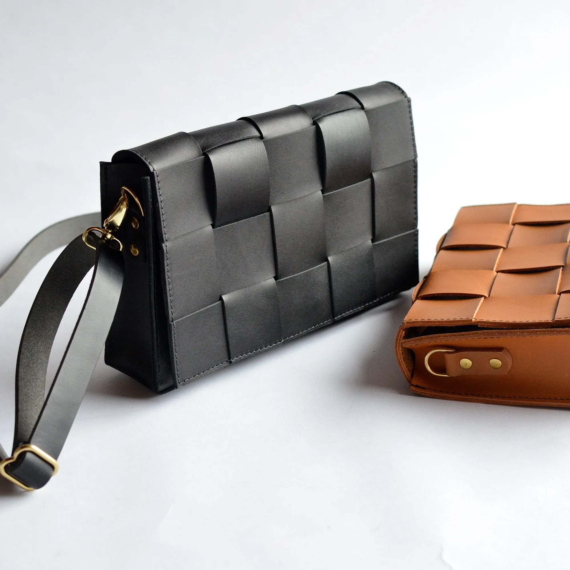 Woven Clutch   Crossbody Bag - Black Leather