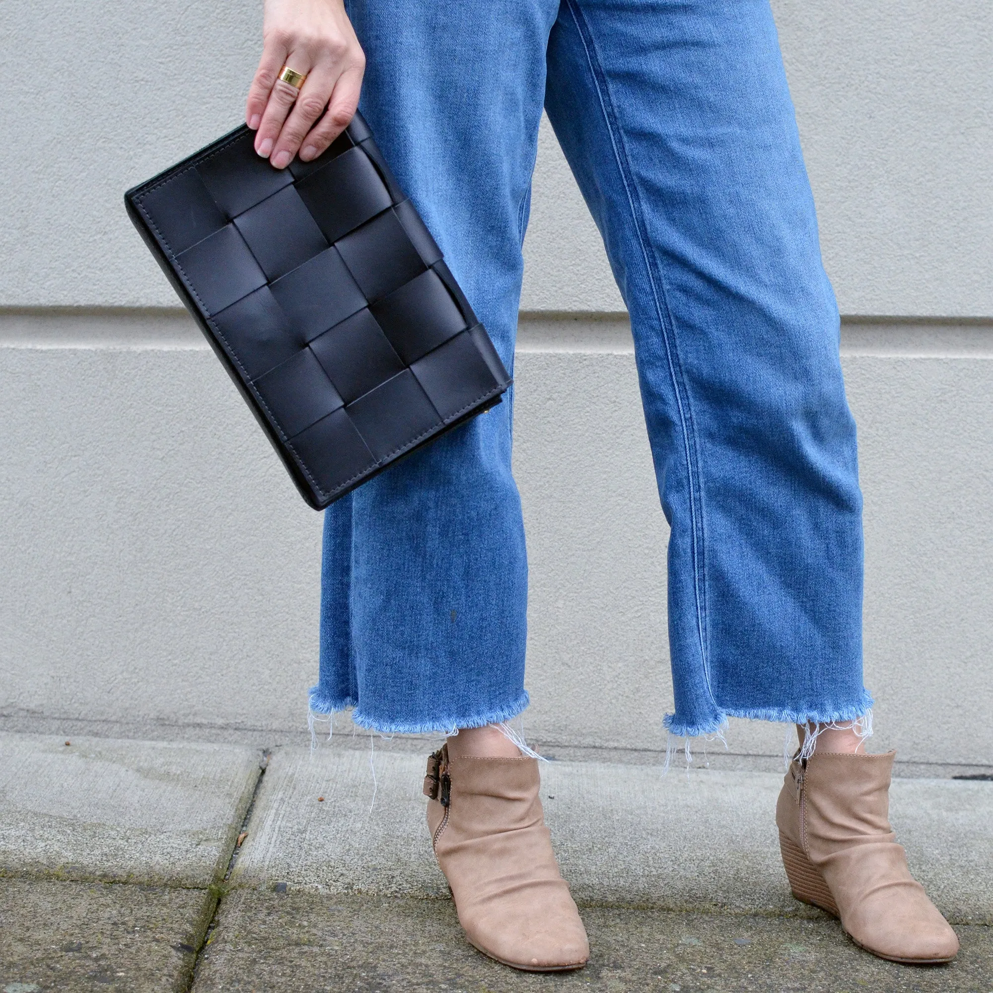 Woven Clutch   Crossbody Bag - Black Leather