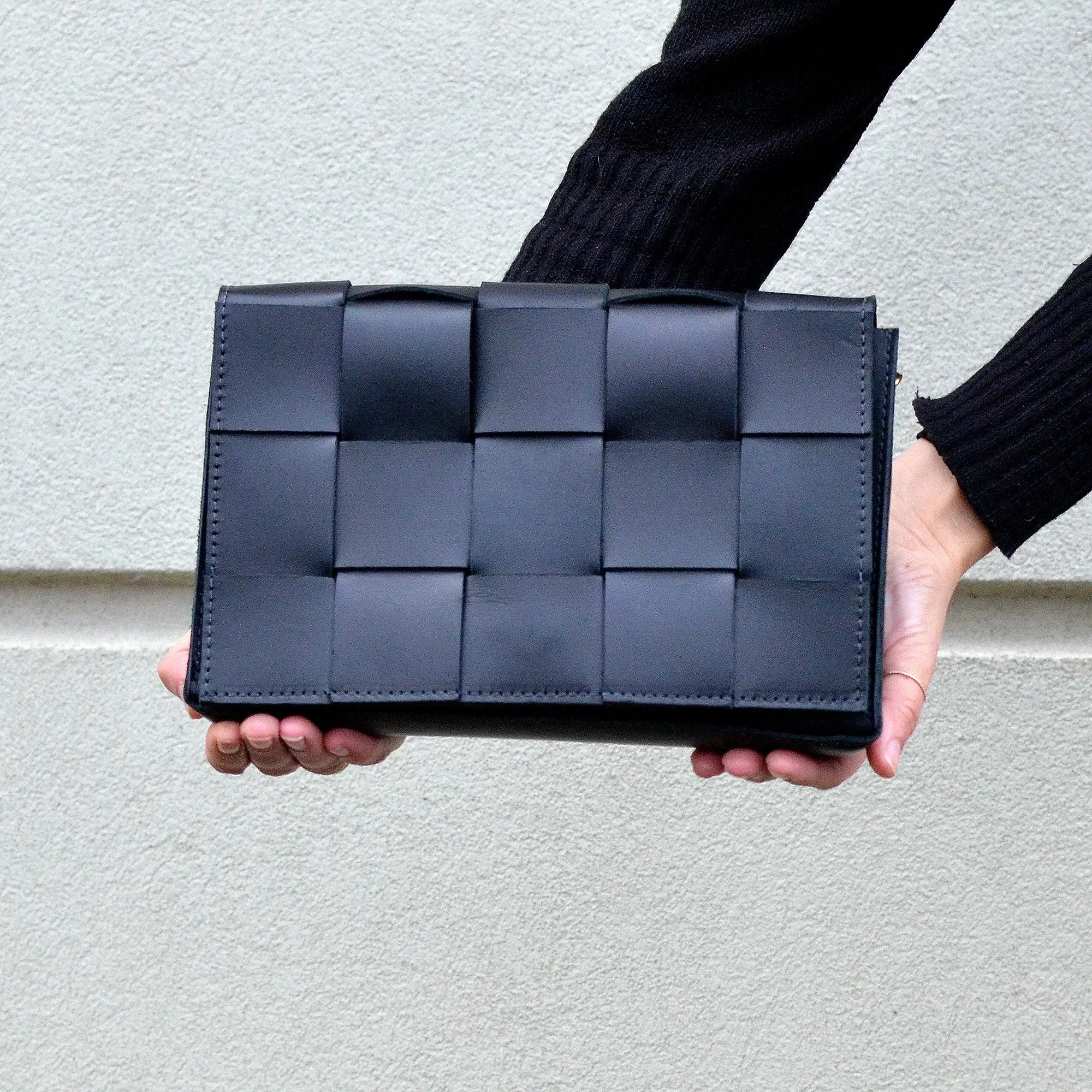 Woven Clutch   Crossbody Bag - Black Leather