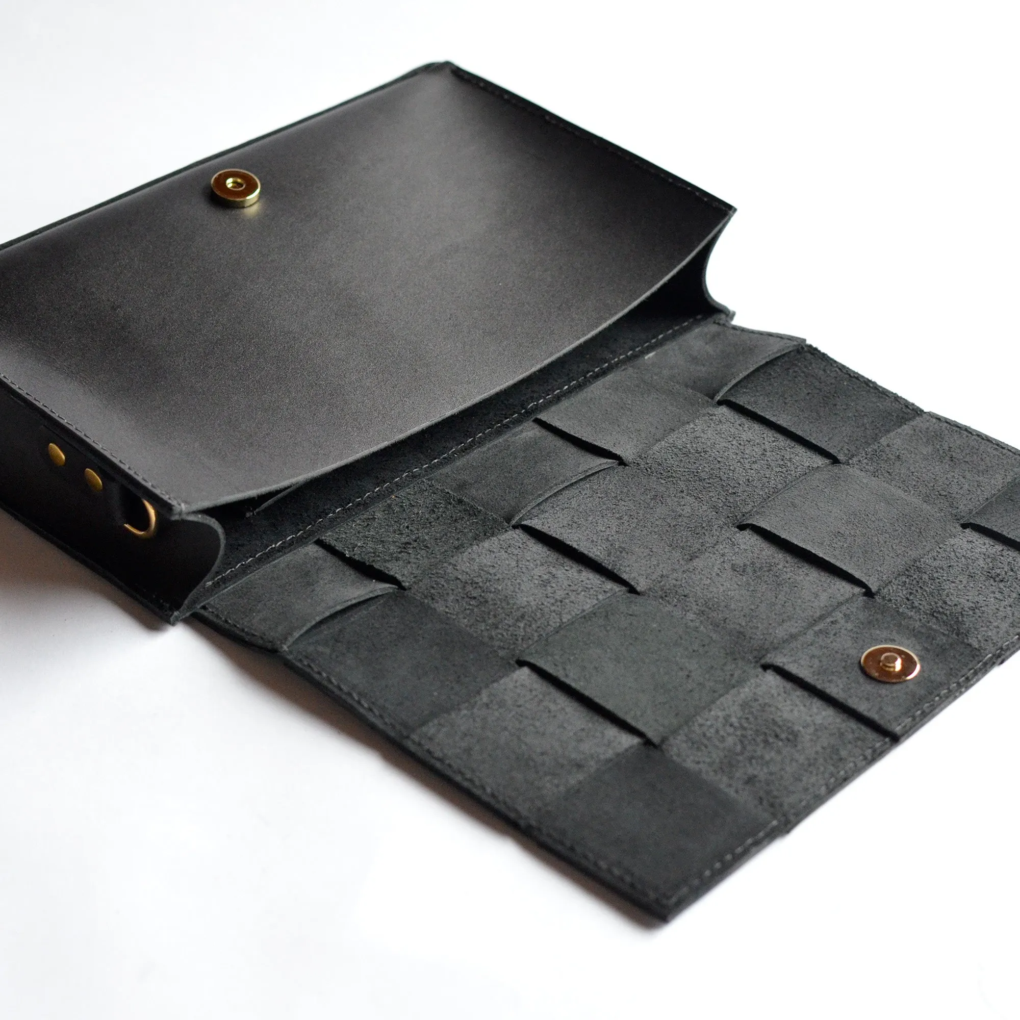 Woven Clutch   Crossbody Bag - Black Leather