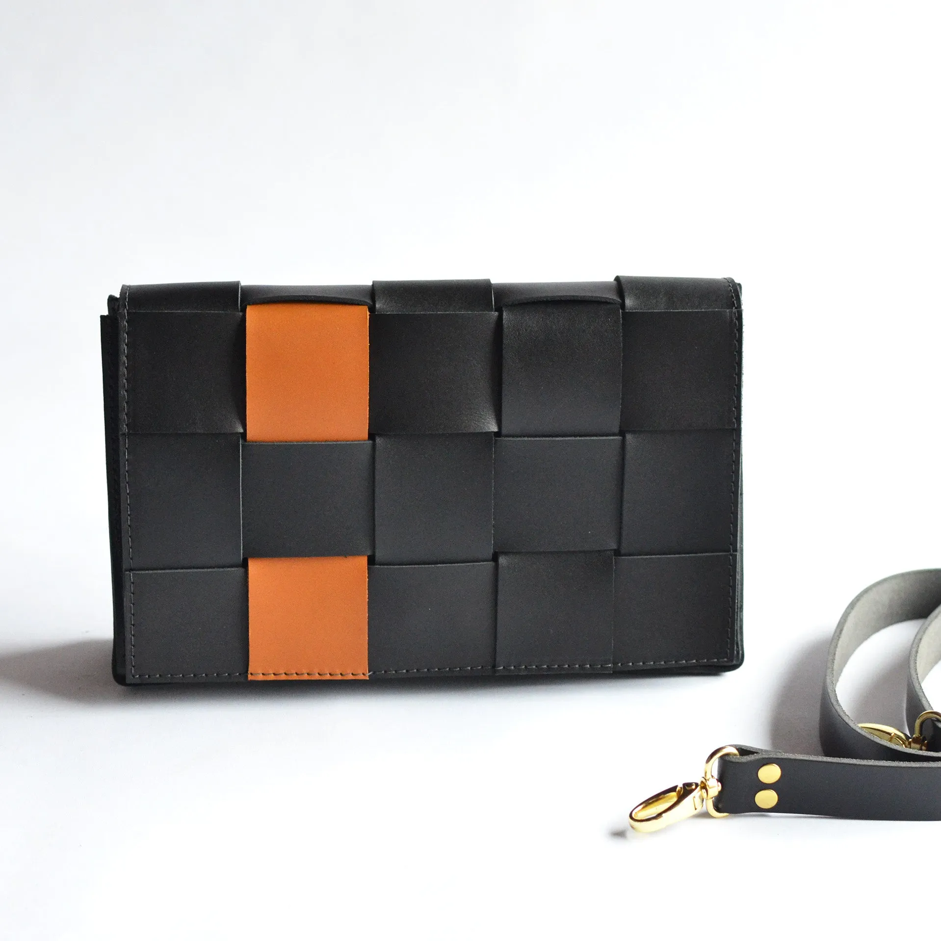 Woven Clutch   Crossbody Bag - Black Leather
