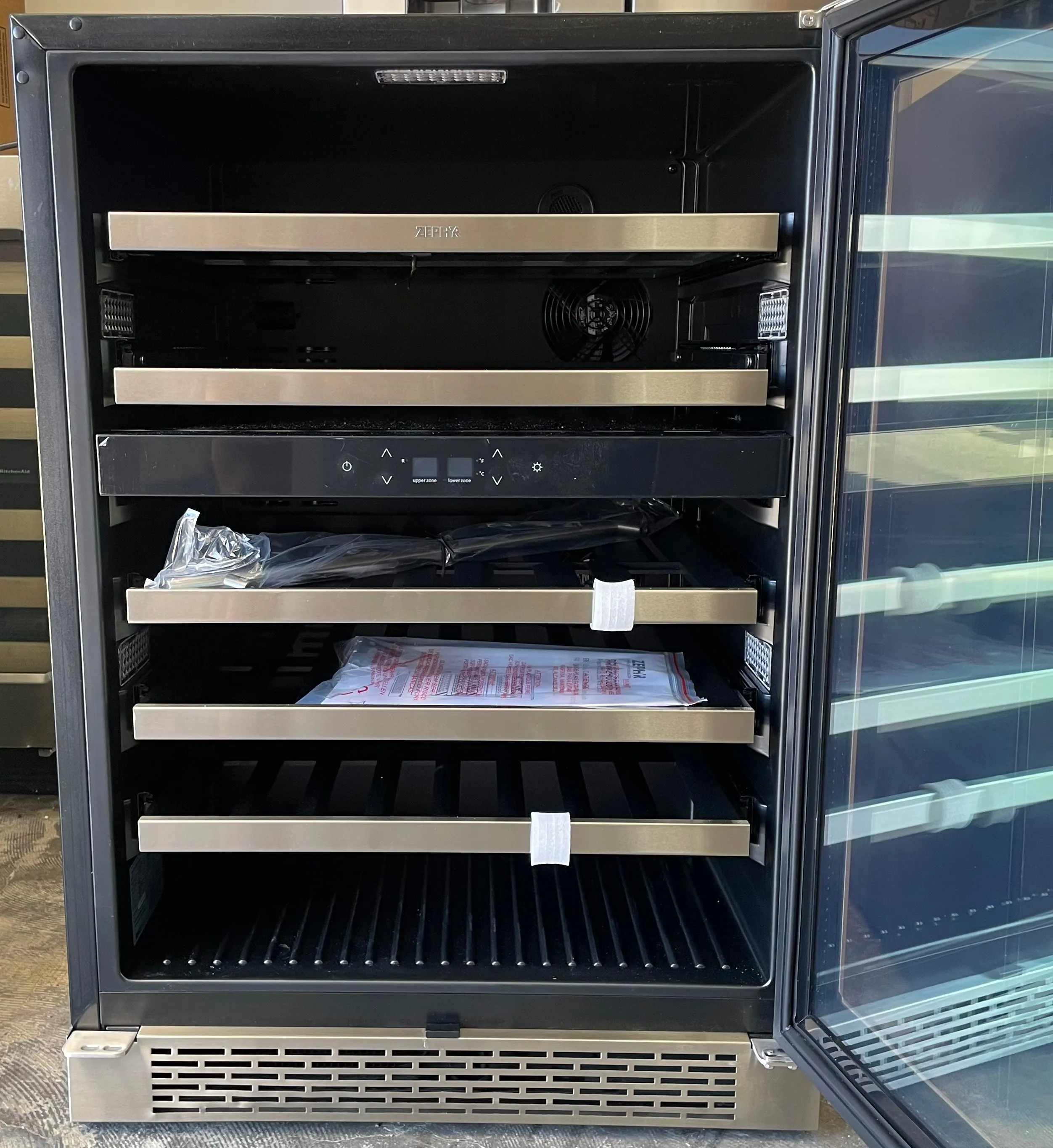 Zephyr PRESRV PRW24C02BG 24 Inch Dual Zone Wine Cooler with 45 Bottle Capacity, PreciseTemp™, Active Cooling, Vibration Dampening, 5 Full-Extension Wood Racks, Dual-Pane Glass Door, 3-Color LED, Touch Controls, Sabbath Mode, and Star-K Certified
